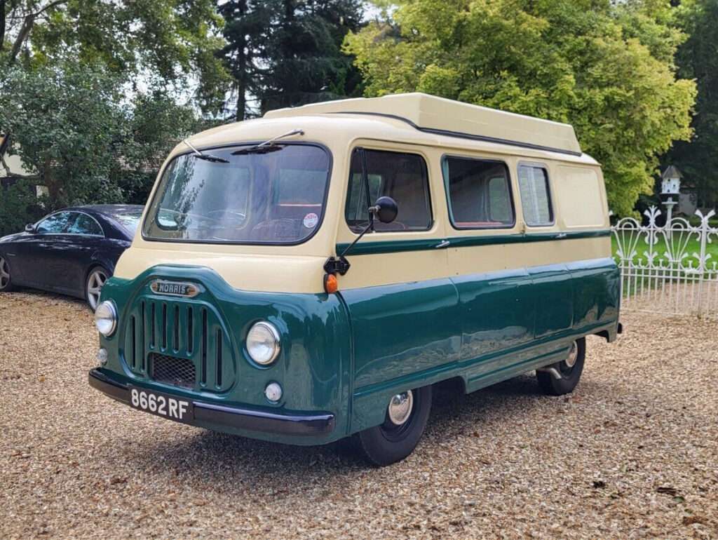 Green and cream 1960 Morris J2 classic camper