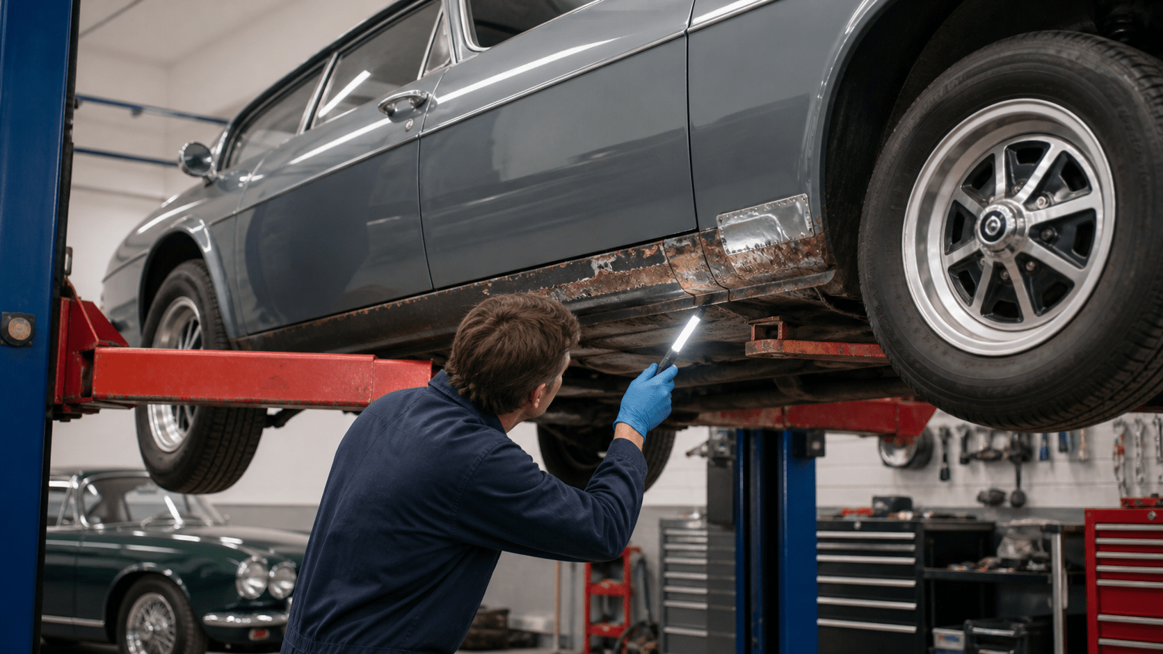 Specialist inspecting a classic car sill and floor for structural rust