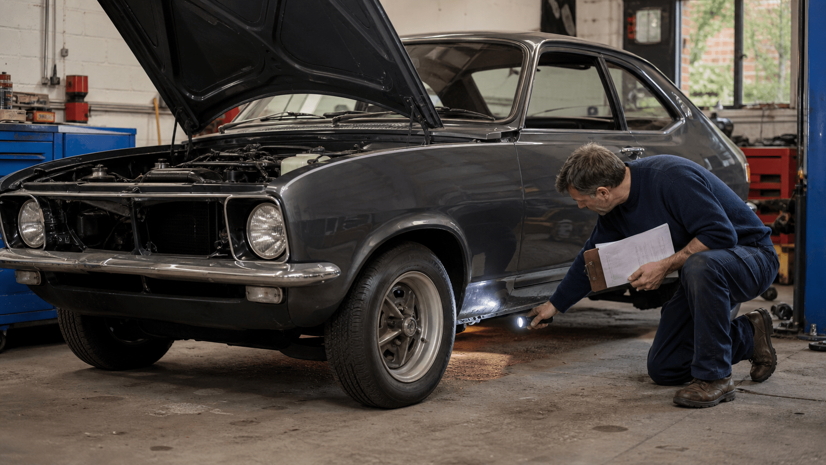Enthusiast inspecting the sill of a classic project car before buying
