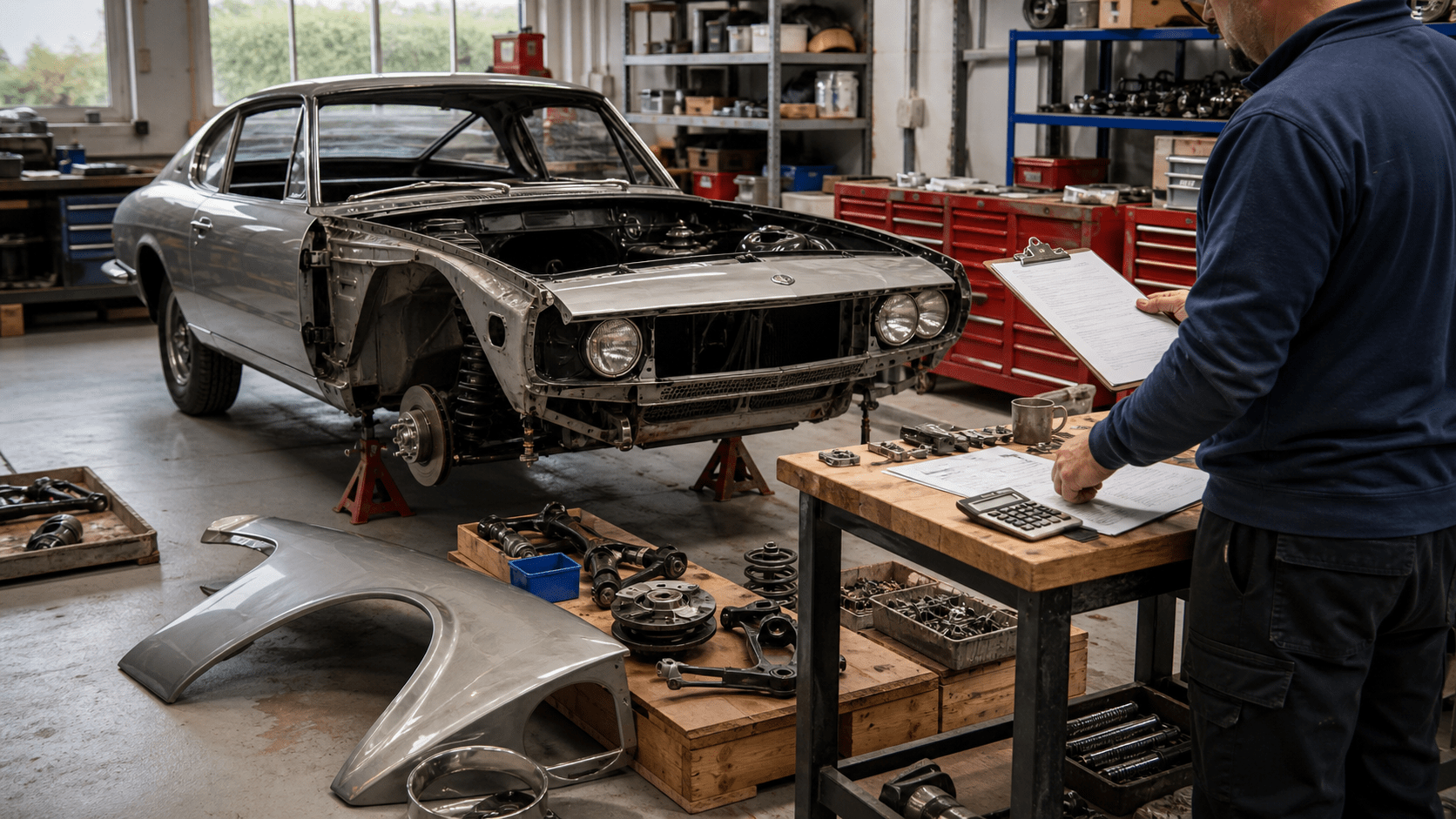 Classic project car undergoing restoration while costs are calculated