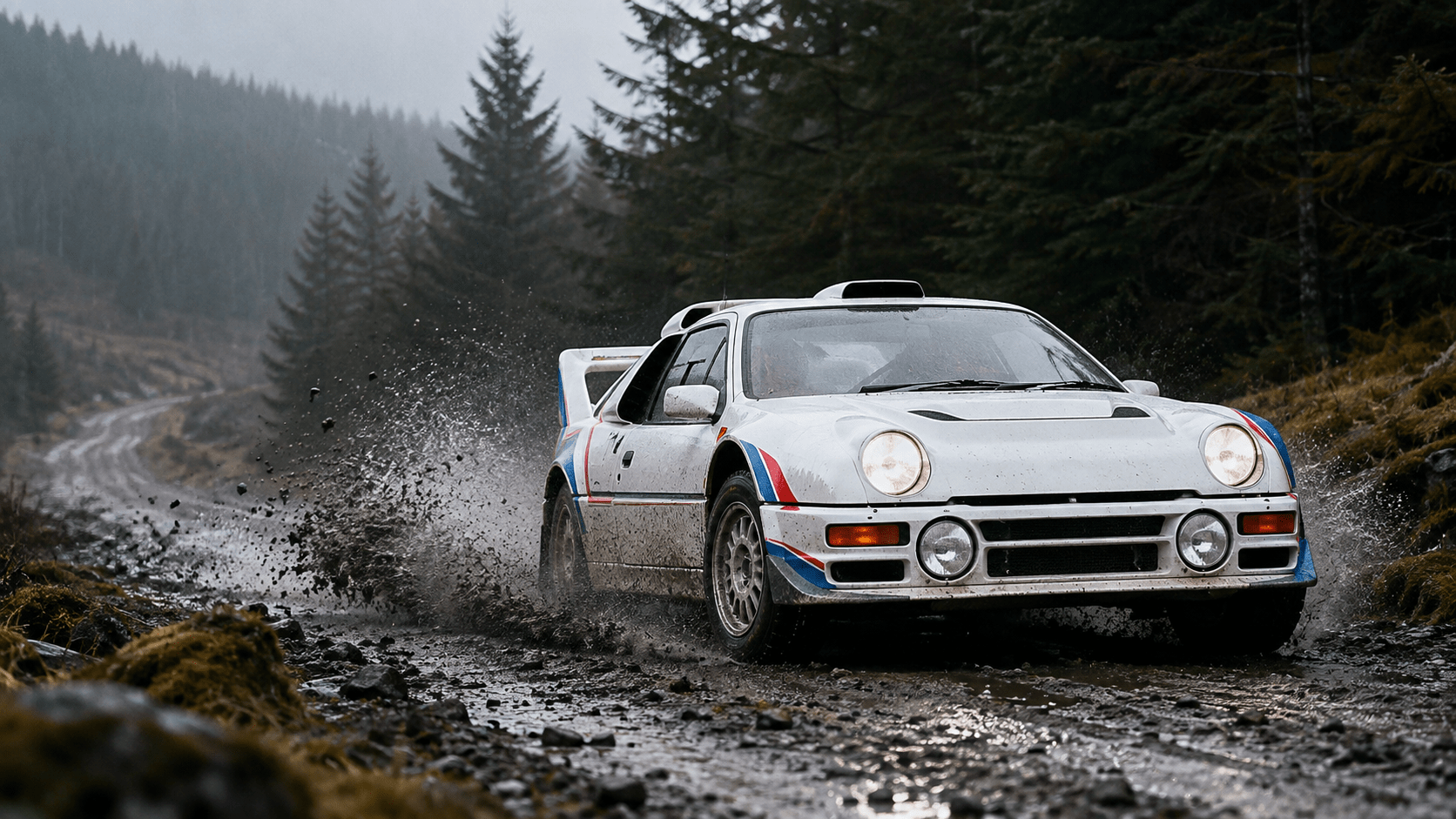 Illustration of a Ford RS200-inspired Group B rally car on a wet forest stage