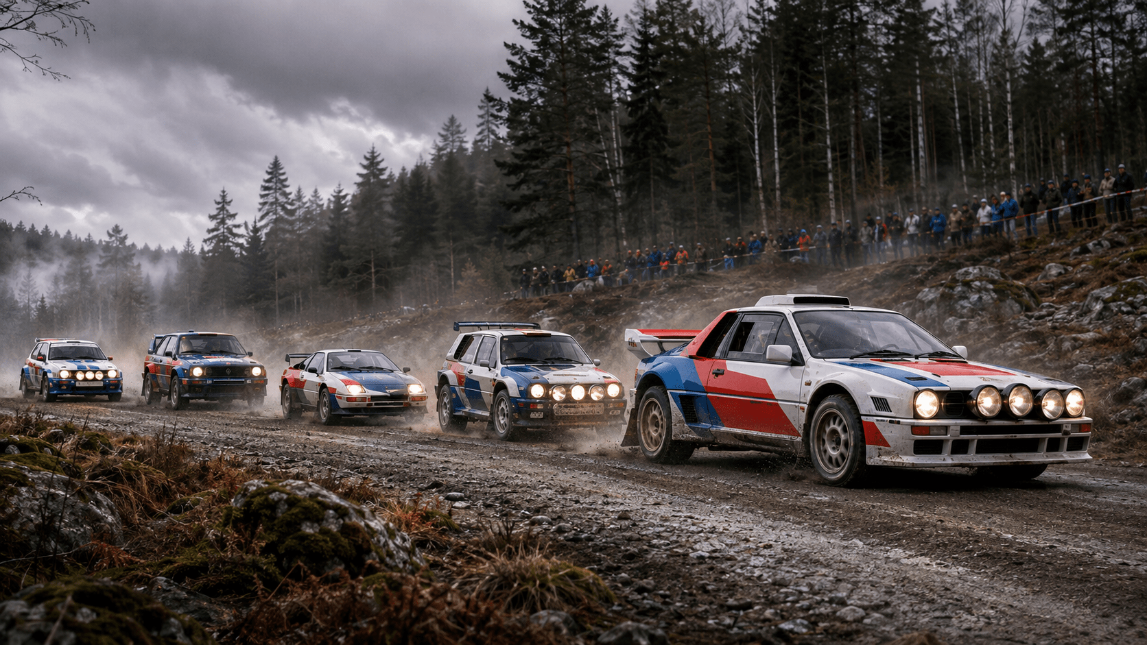 Iconic Group B rally cars in an atmospheric British countryside setting