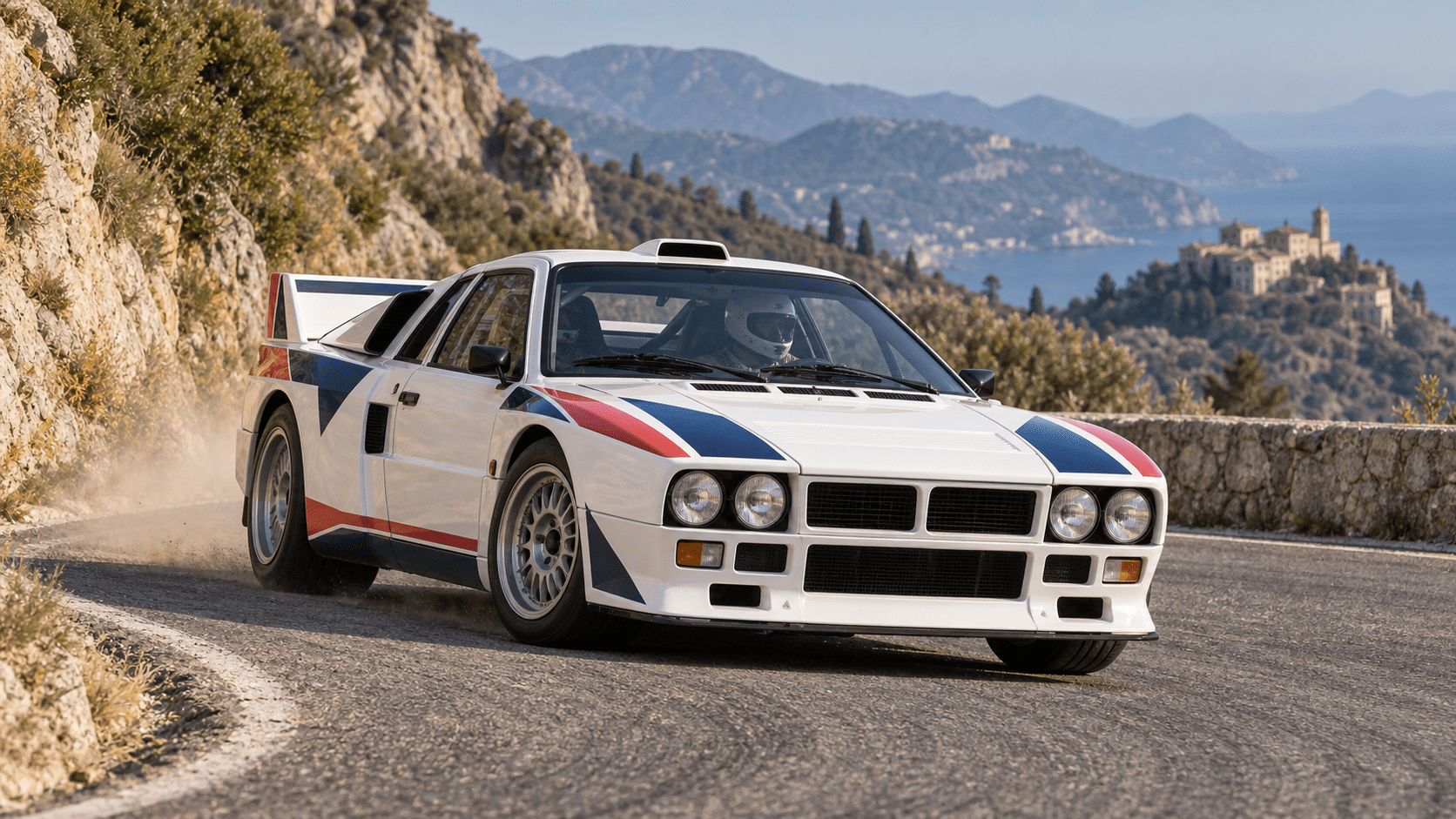 Lancia 037-inspired Group B rally car on a Mediterranean mountain stage