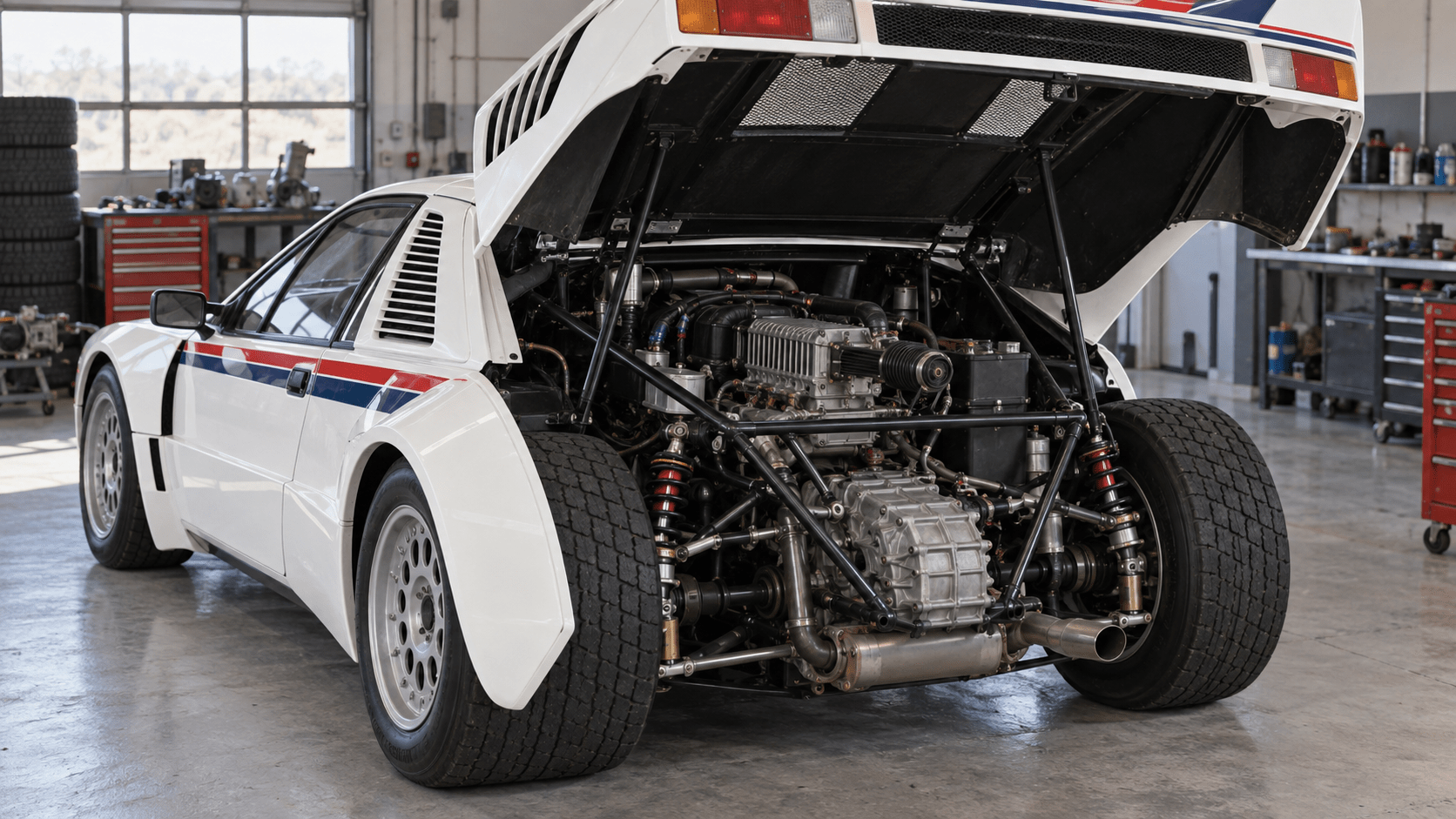 Illustration of a Lancia 037-inspired car with its rear bodywork raised to show the mechanical layout