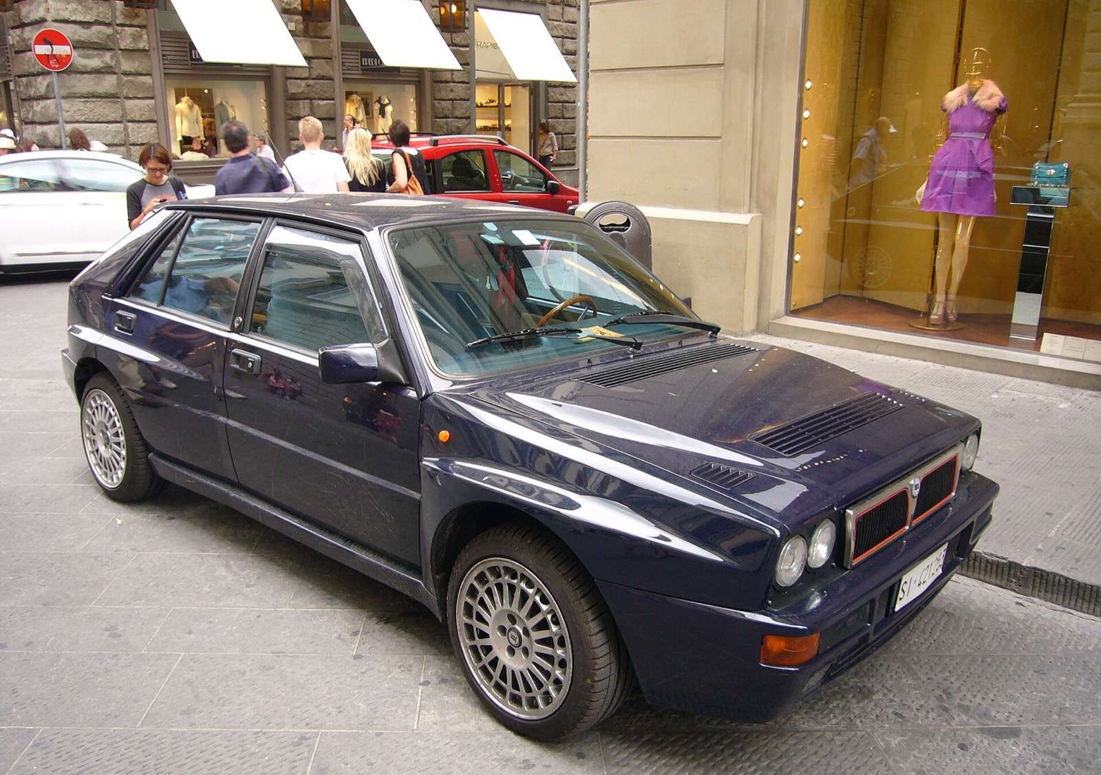 Dark blue 1994 Lancia Delta HF Integrale Evo II viewed from the front three-quarter angle