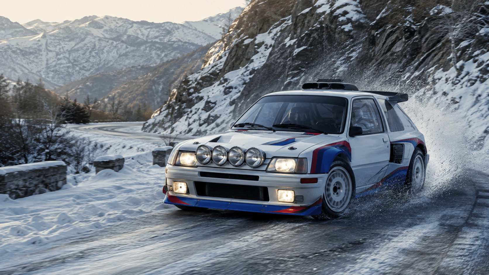 Illustration of a Peugeot 205 T16-inspired Group B rally car on a snowy mountain stage