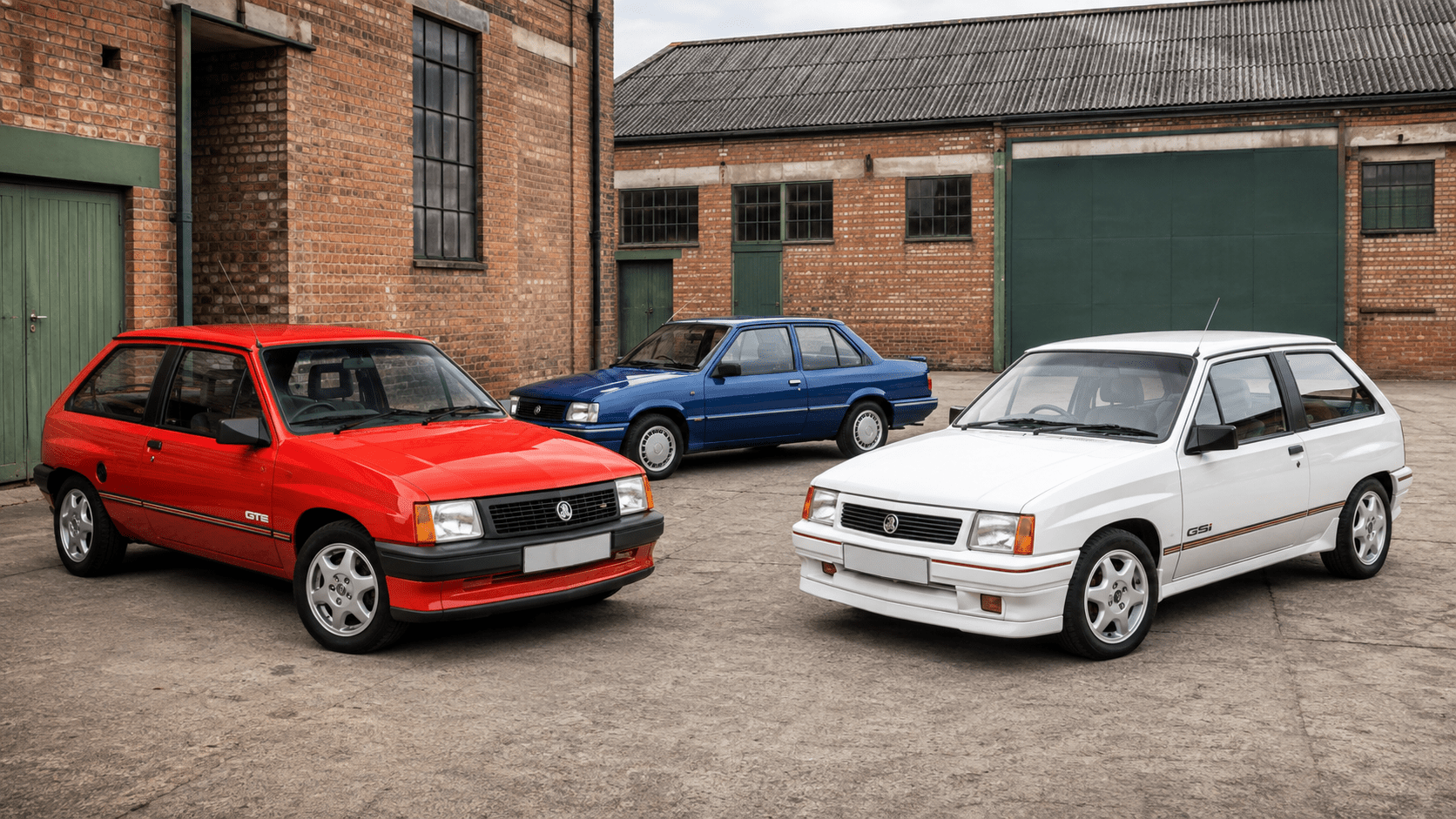 Red Vauxhall Nova GTE, white Nova GSi and blue Nova saloon outside a British industrial building