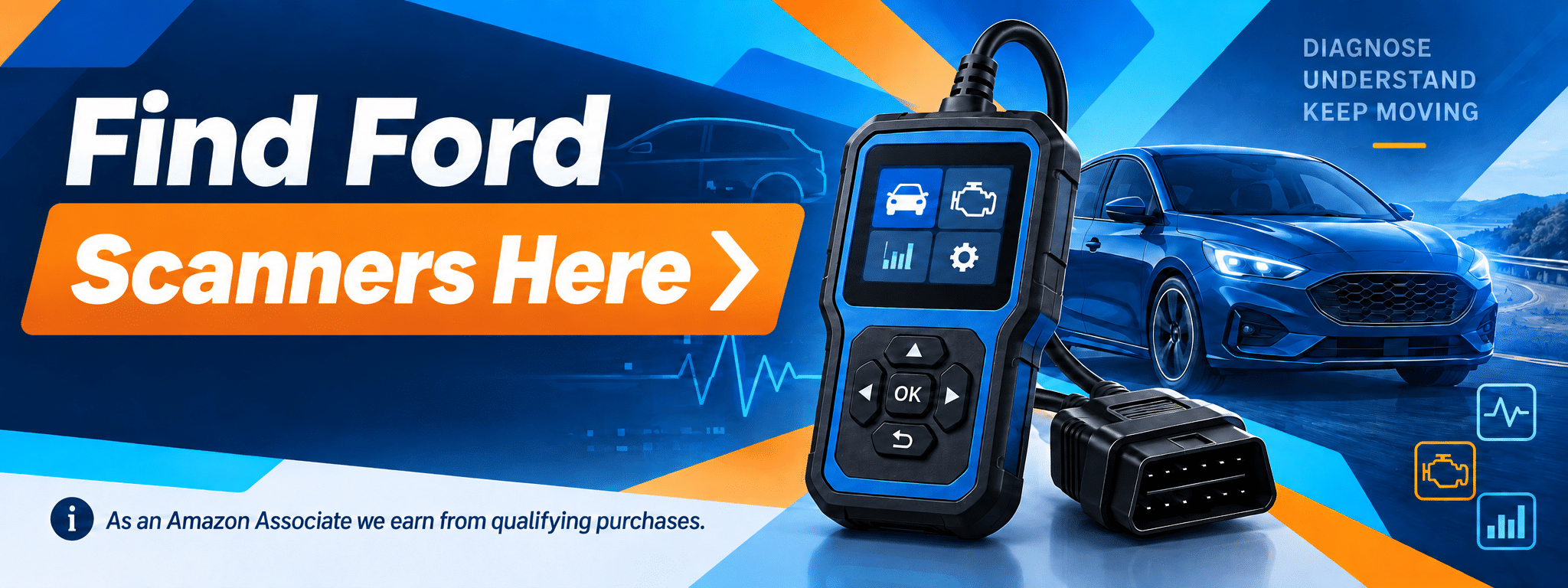 Find Ford scanners here affiliate banner with a generic diagnostic reader