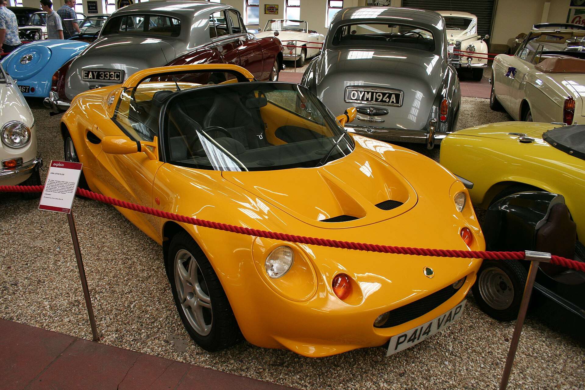 Yellow Lotus Elise S1 displayed at the Haynes International Motor Museum