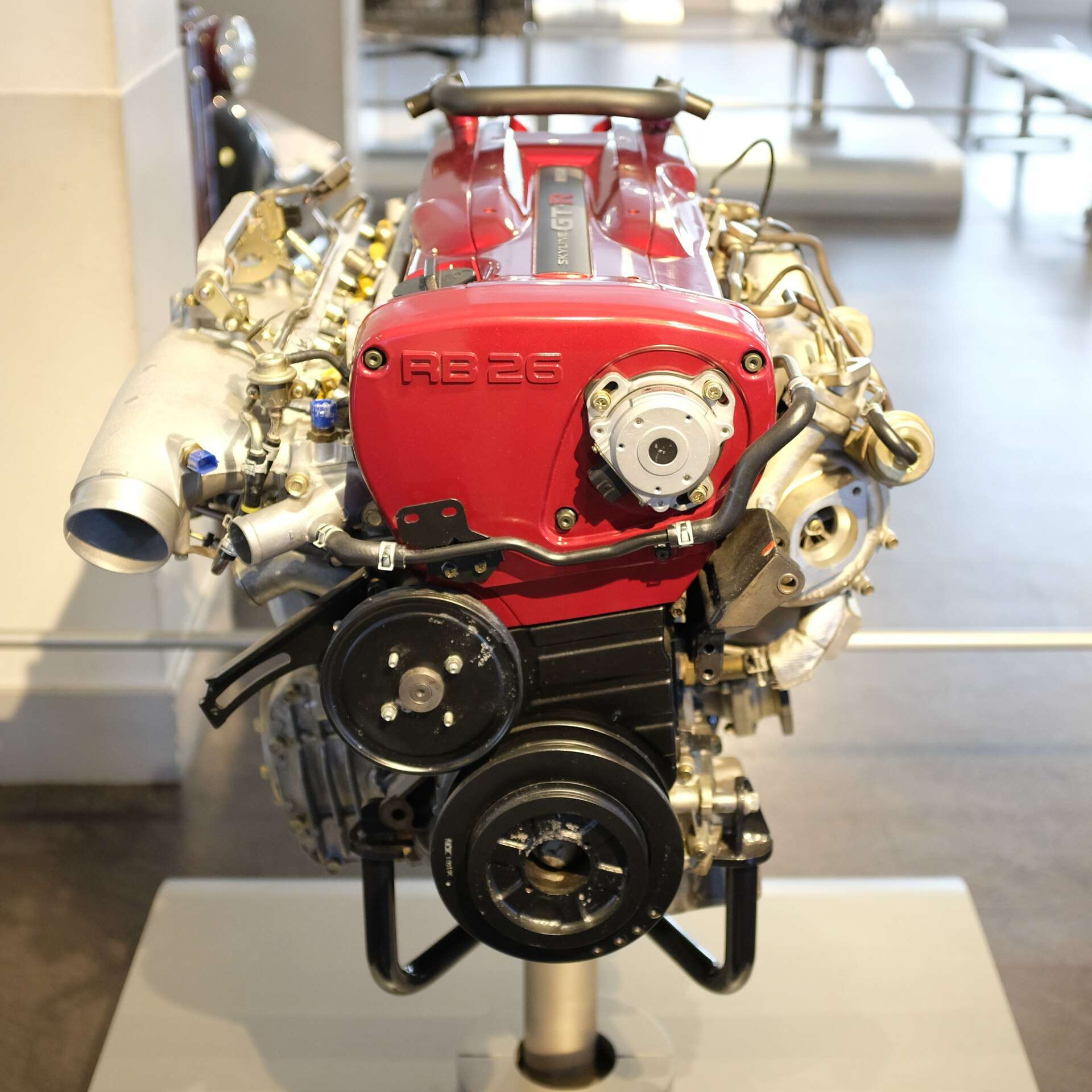 Nissan RB26DETT twin-turbo inline-six engine viewed from the front