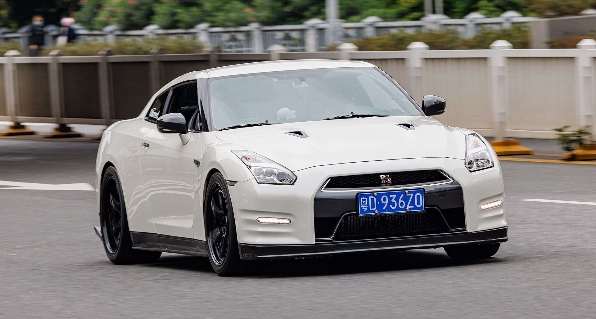 White facelift Nissan GT-R R35 front three-quarter view
