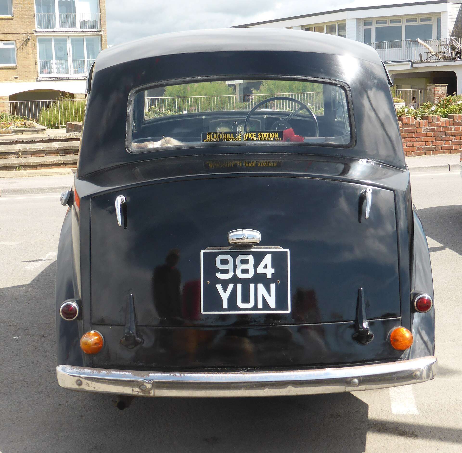 Black 1953 Triumph Mayflower rear three-quarter view
