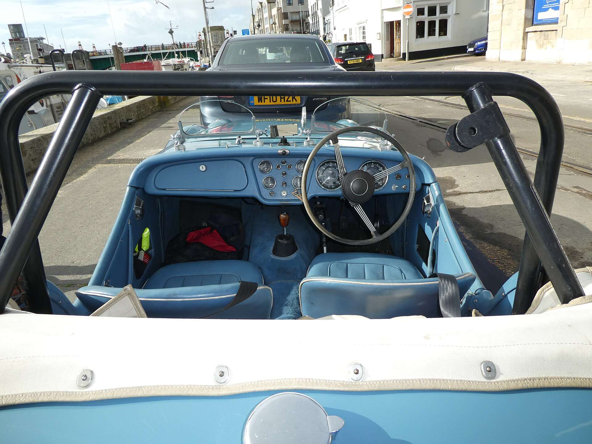 Triumph TR3 cockpit showing the central instrument panel
