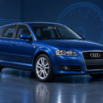 Illustration of a blue Audi A3 8P Sportback in a blue diagnostic studio