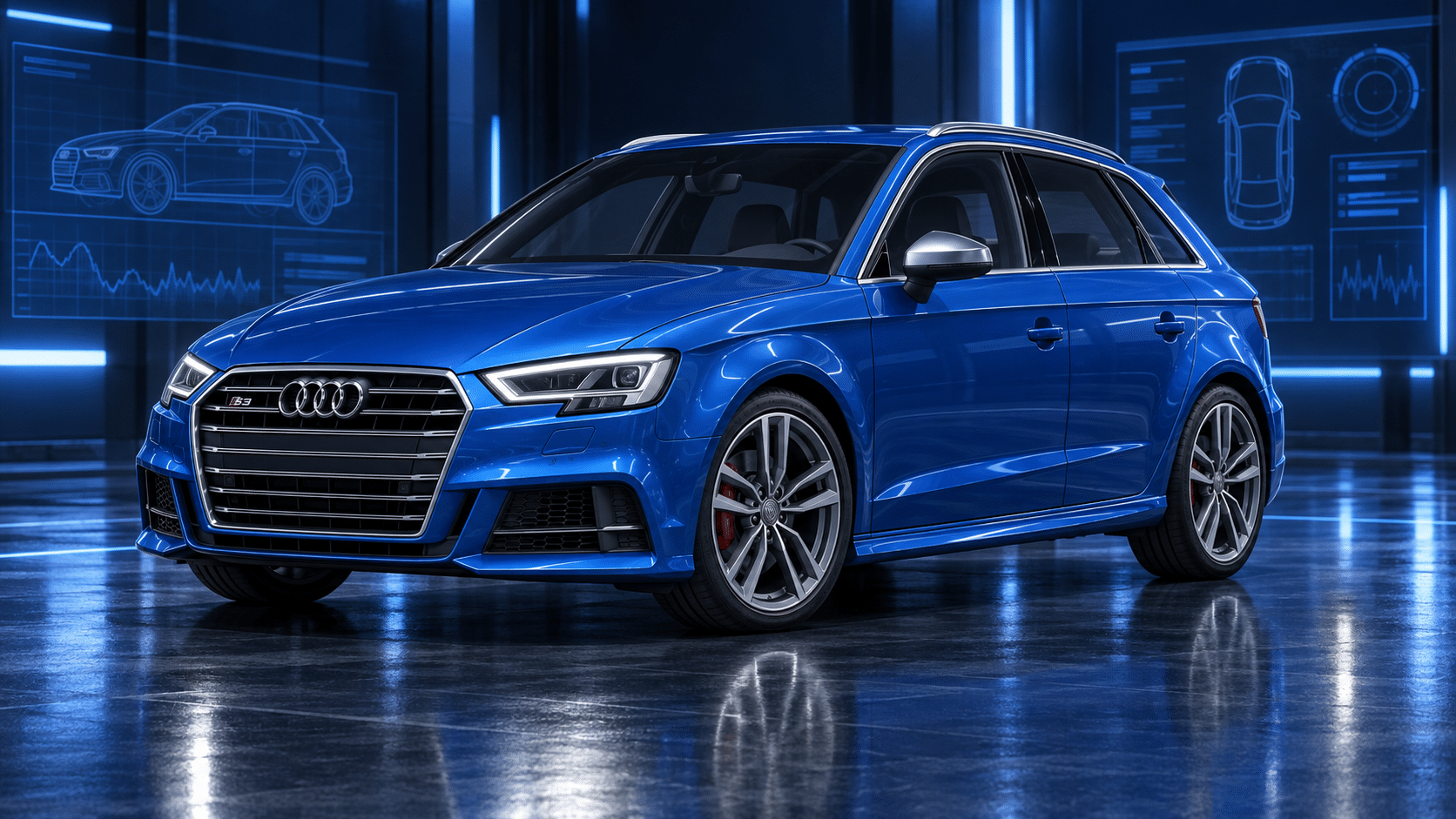 Blue Audi S3 8V facelift Sportback in a blue diagnostic studio — illustrative artwork