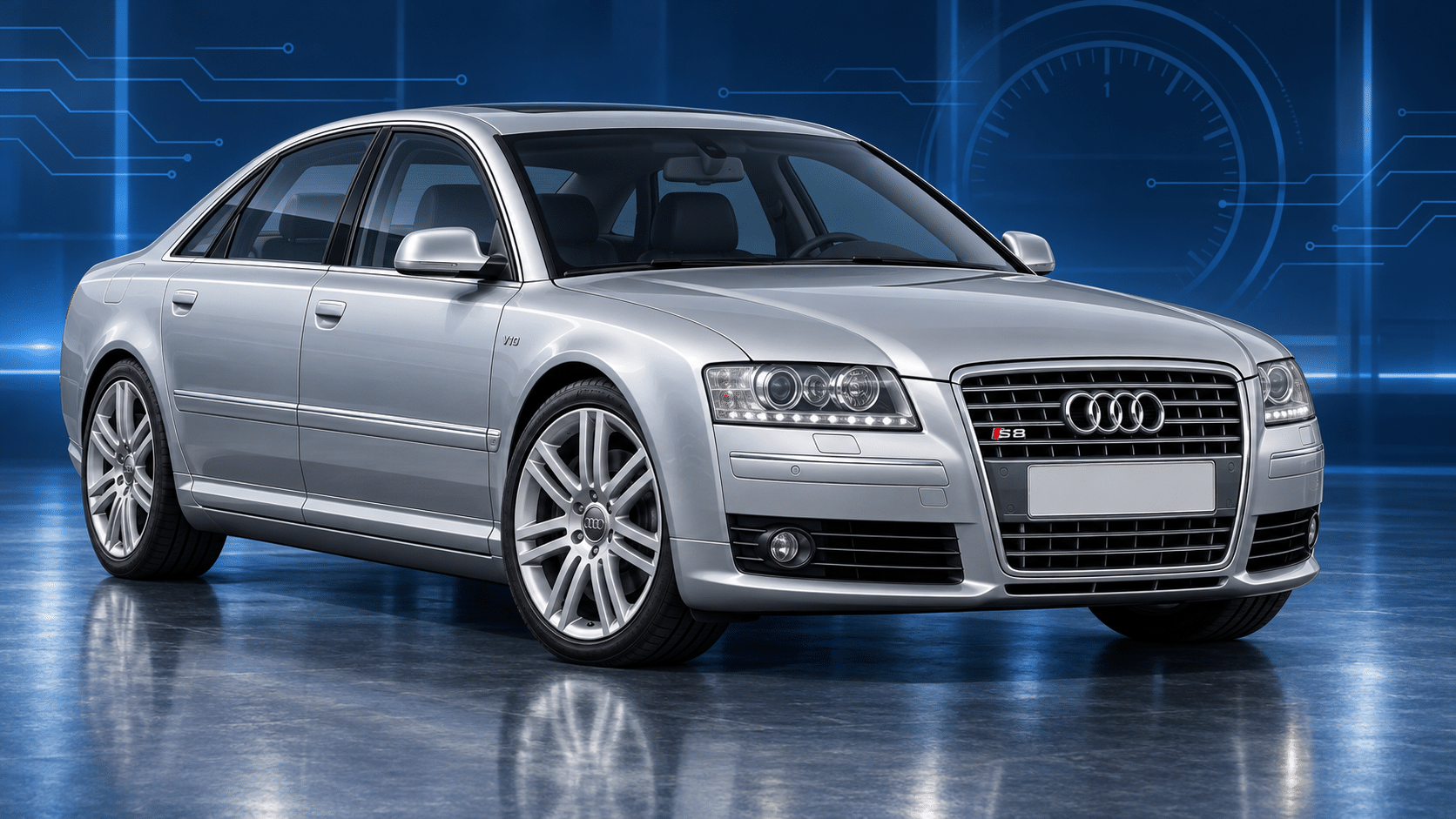 Illustration of a silver Audi S8 D3 V10 saloon in a blue diagnostic-themed studio