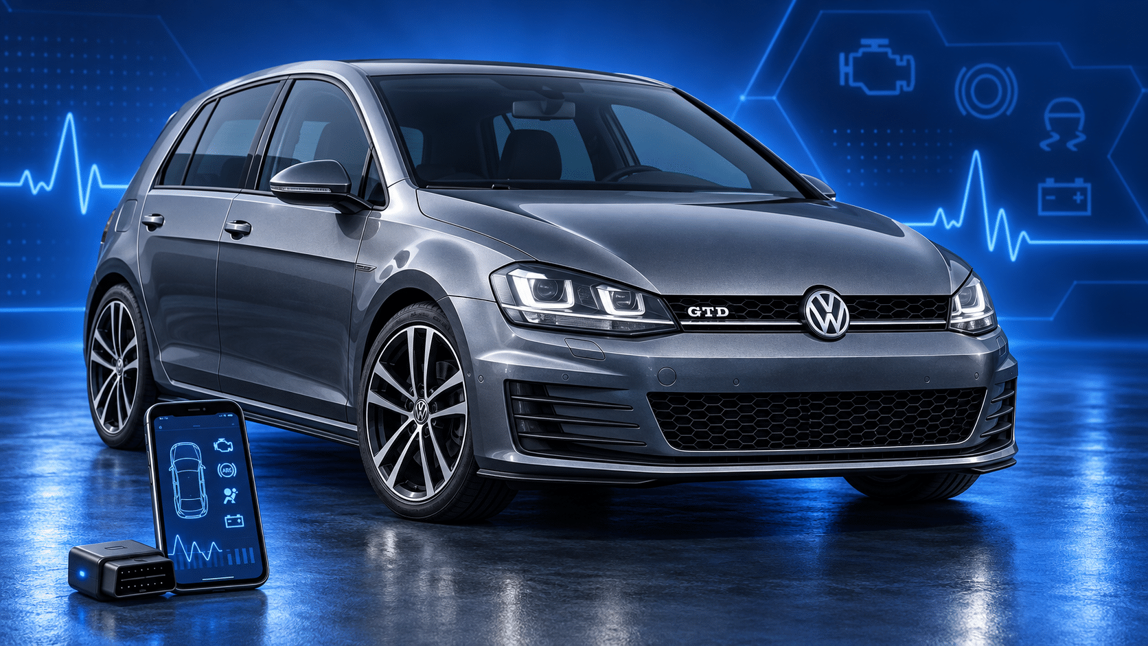Dark silver Volkswagen Golf GTD Mk7 / Mk7.5 2.0 TDI in a blue diagnostic studio — illustrative artwork
