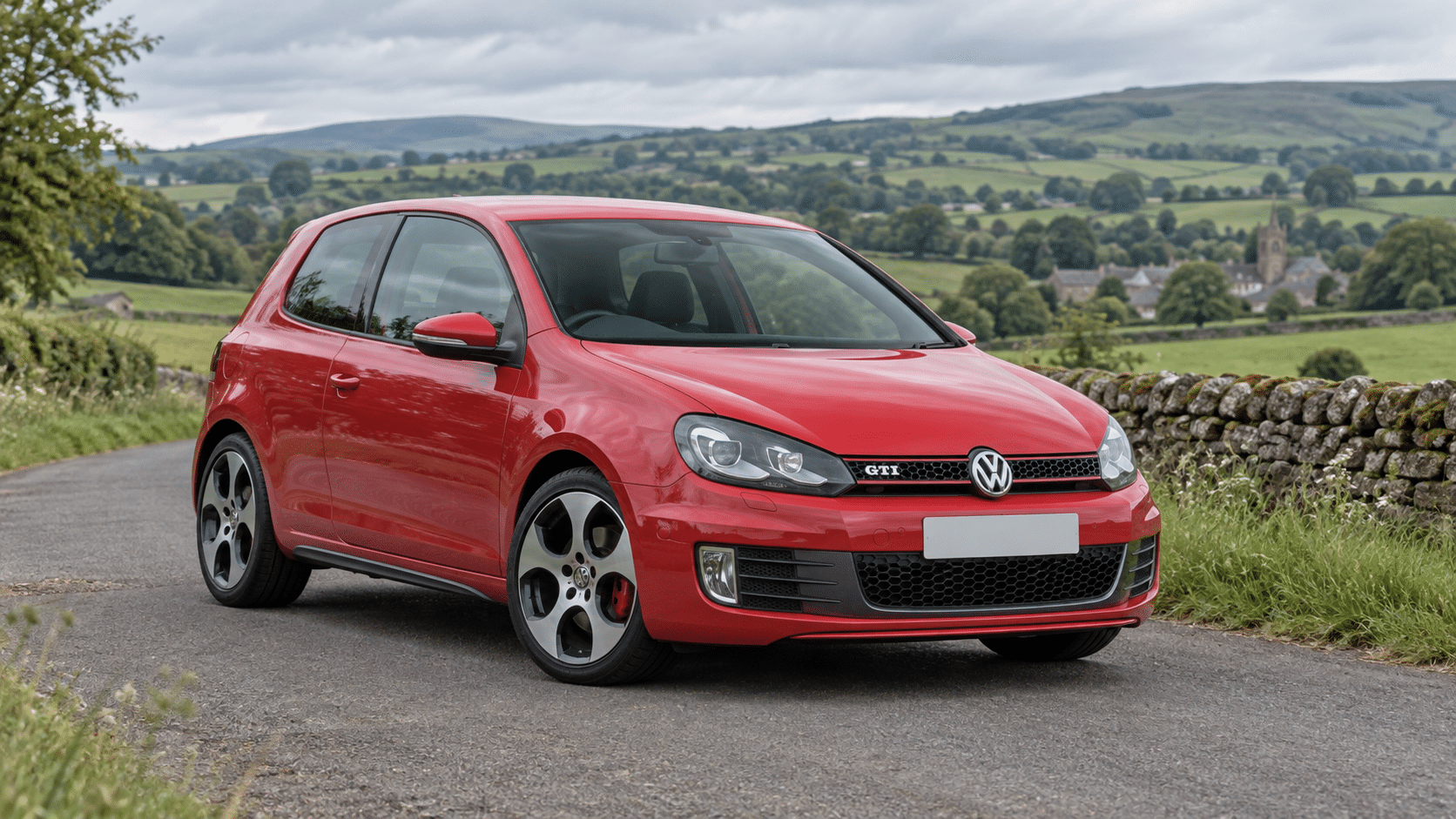 Red Volkswagen Golf GTI Mk6 on a British country road — illustrative artwork