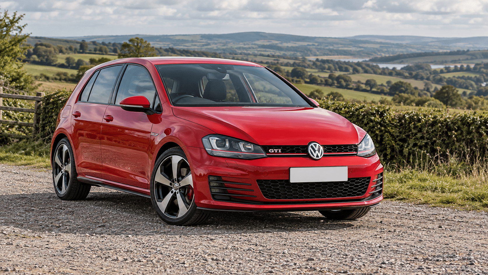 Tornado red Volkswagen Golf GTI Mk7 / Mk7.5 in the British countryside — illustrative artwork