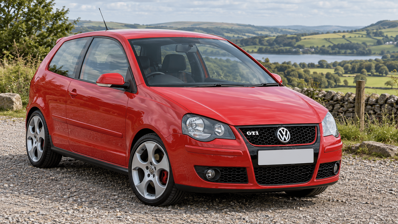 Tornado red Volkswagen Polo GTI 9N3 1.8T in the British countryside — illustrative artwork