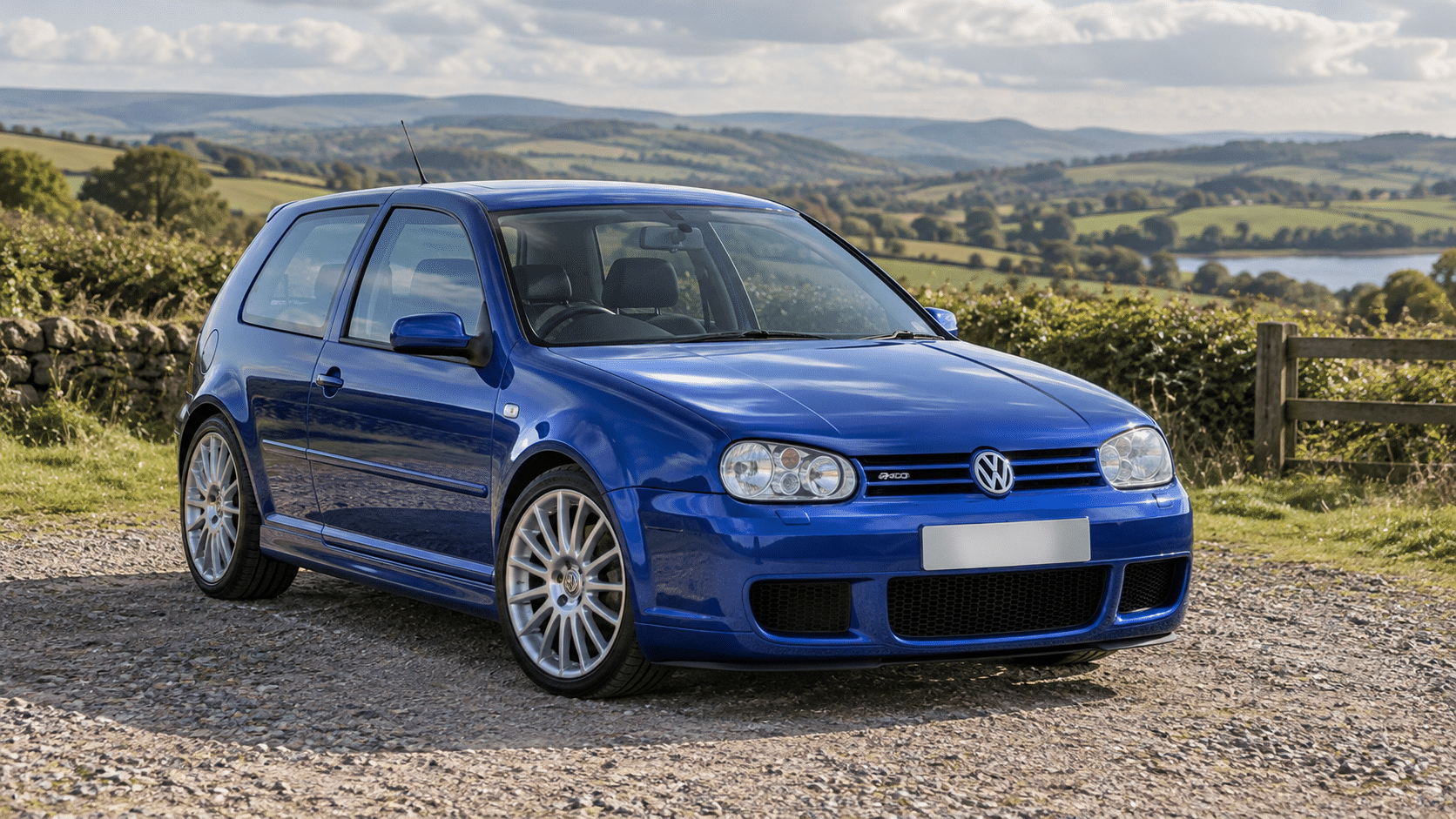 Deep blue Volkswagen Golf R32 Mk4 in the British countryside — illustrative artwork
