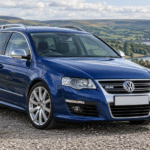 Deep blue Volkswagen Passat R36 B6 in the British countryside — illustrative artwork