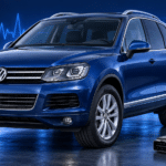 Deep blue Volkswagen Touareg Mk2 7P 3.0 V6 TDI in a blue diagnostic studio — illustrative artwork